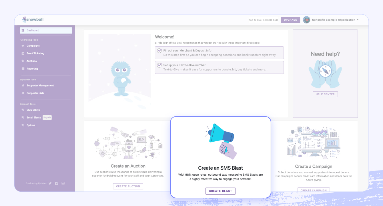 A screenshot of the Snowball Fundraising platform highlighting the SMS fundraising features.