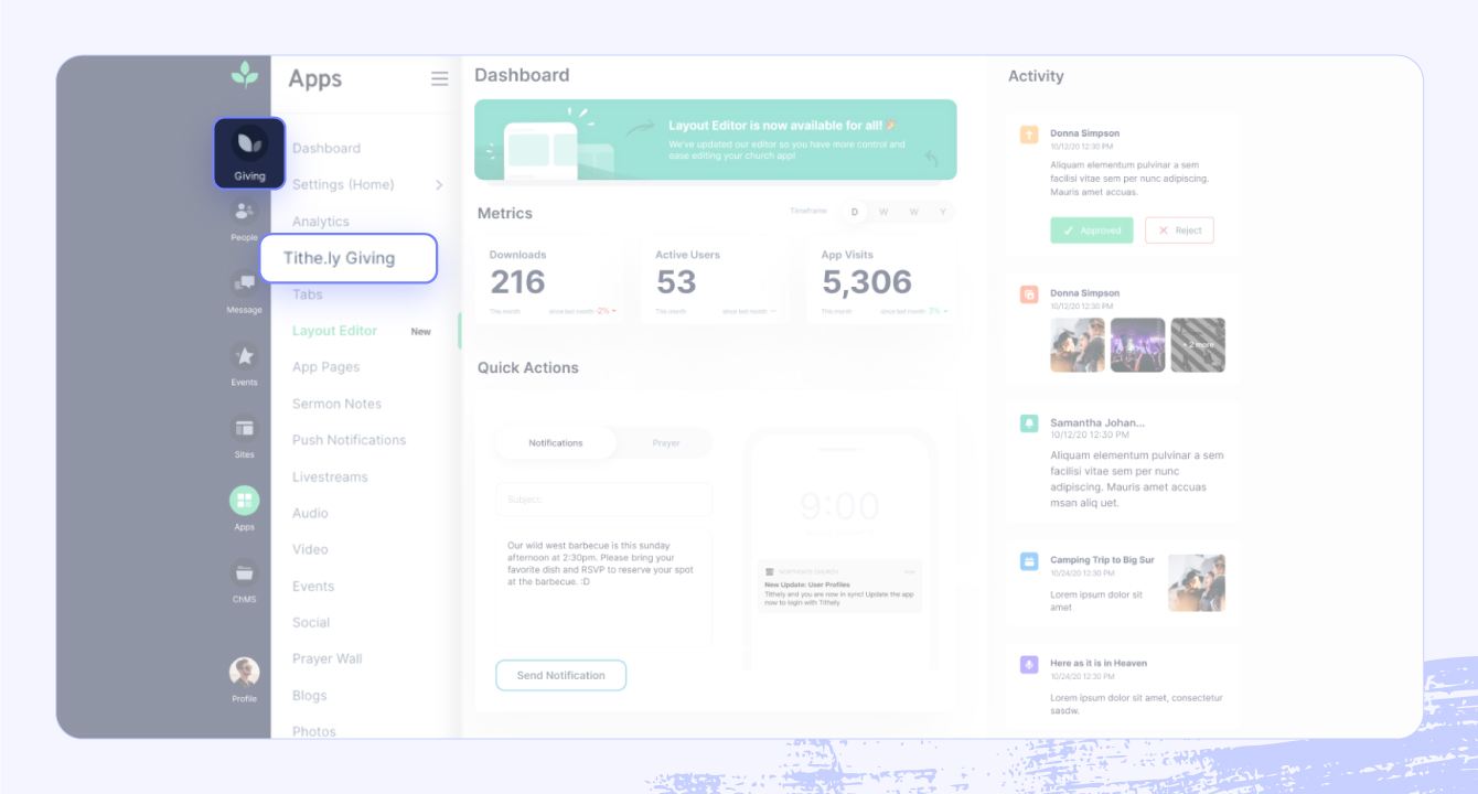 A screenshot of the Tithe.ly platform highlighting donation and donor tracking features.