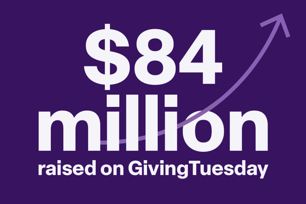 “$84 million raised on GivingTuesday” with an upward-trending arrow to emphasize growth in charitable giving.