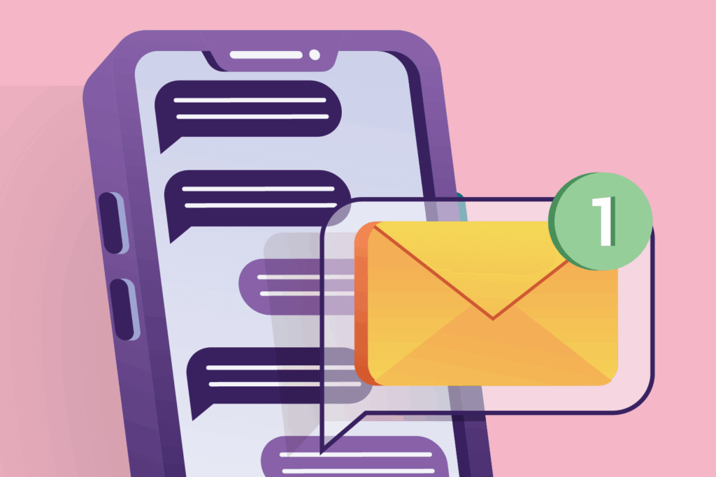 Illustration of a smartphone screen filled with message bubbles, with an email notification icon appearing in the foreground to represent digital communication and outreach.