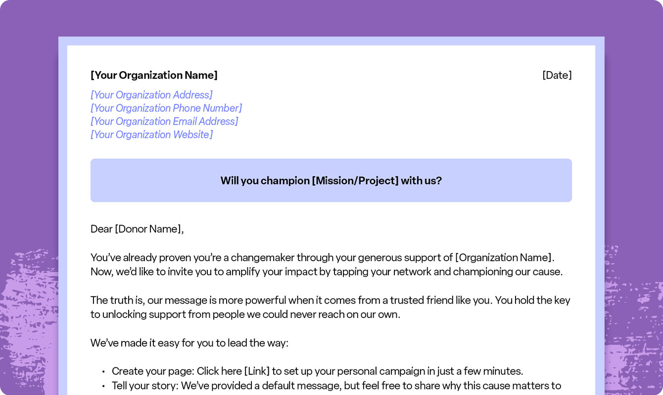 A preview of a downloadable peer-to-peer donation request letter template.