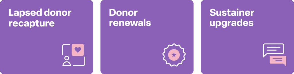 Graphic highlighting key fundraising focus areas: lapsed donor recapture, donor renewals, and sustainer upgrades.