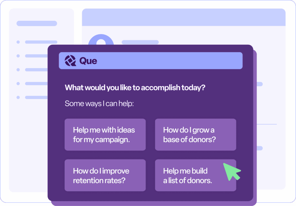Illustration of an AI assistant interface prompting users with fundraising and donor engagement questions.