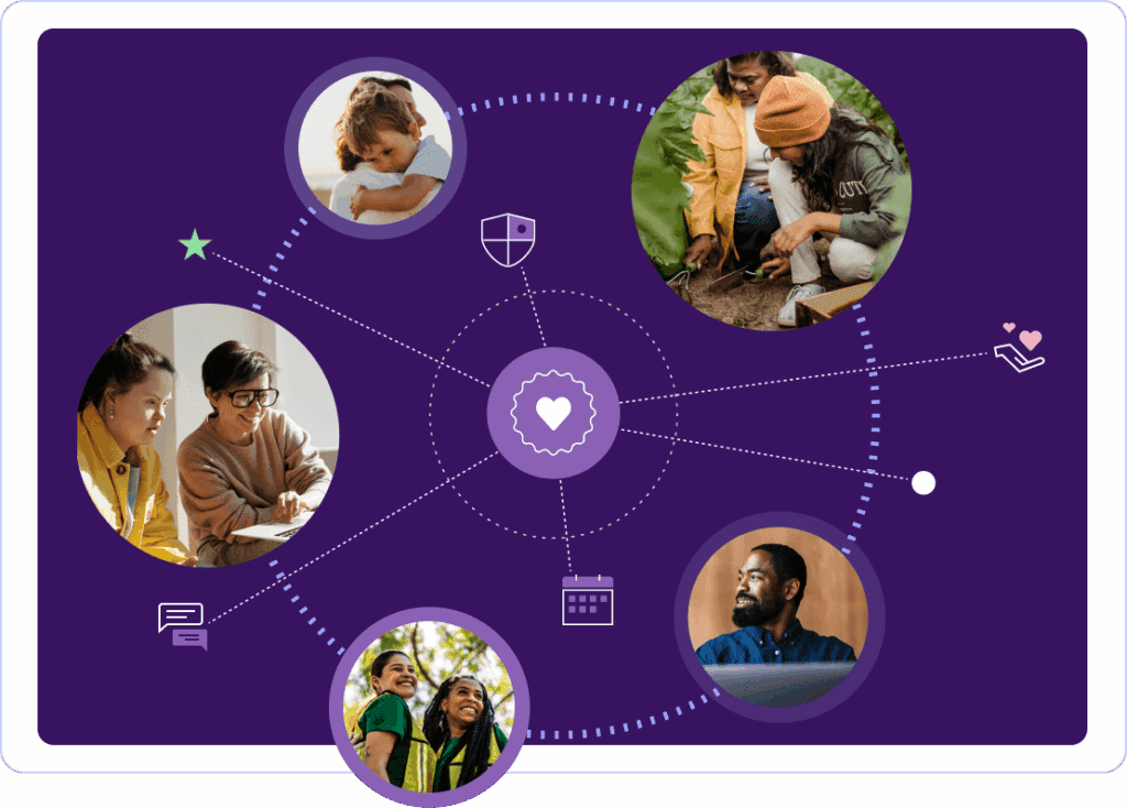 Illustration showing people and community activities connected around a central heart icon, representing technology designed to support social good and human impact.