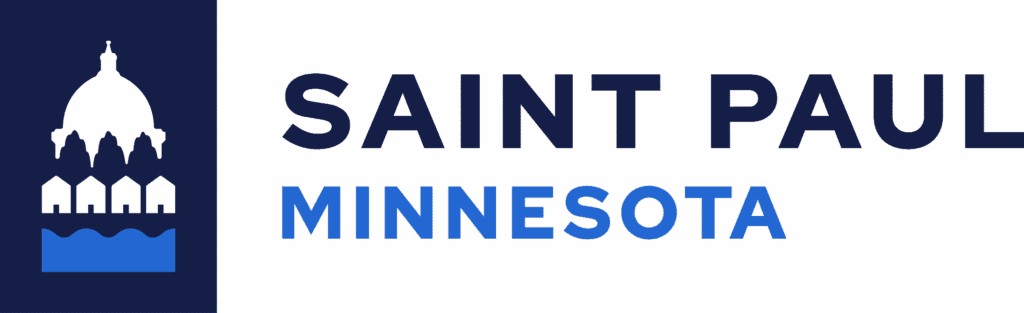 Saint Paul, Minnesota logo featuring a white capitol dome above stylized buildings and water on a navy background, alongside the words “SAINT PAUL MINNESOTA.”