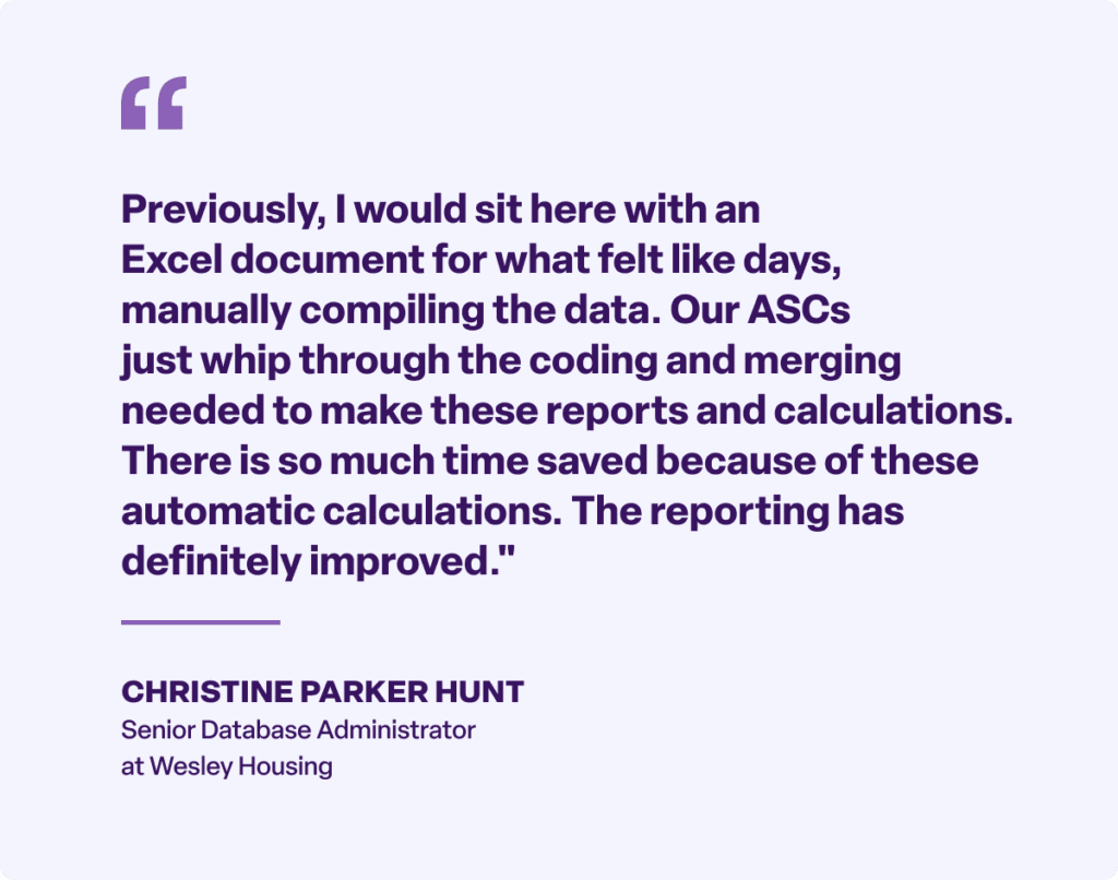 Testimonial quote describing how automated reporting in Apricot improved efficiency and reduced manual data work.

“Previously, I would sit here with an Excel document for what felt like days, manually compiling the data. Our ASCs just whip through the coding and merging needed to make these reports and calculations. There is so much time saved because of these automatic calculations. The reporting has definitely improved.”

CHRISTINE PARKER HUNT
Senior Database Administrator
at Wesley Housing