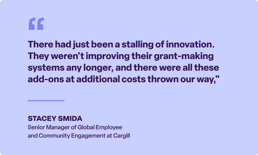 Quote from Stacey Smida, Senior Manager of Global Employee and Community Engagement at Cargill, describing stalled innovation and rising add-on costs in their grant-making systems.