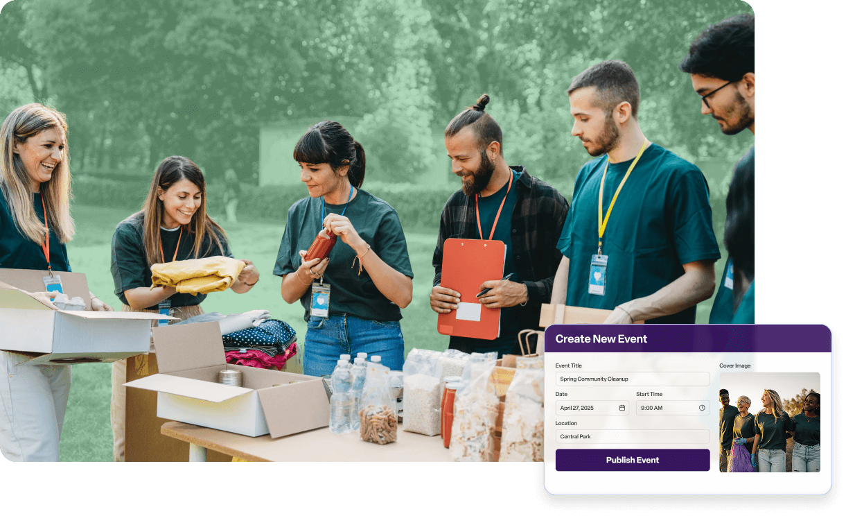 Volunteers organize supplies for a community event, with an on-screen interface showing a form to create and publish a new event.
