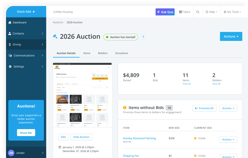 Auction management dashboard showing revenue raised, bids, items, and bidder activity for a nonprofit auction.