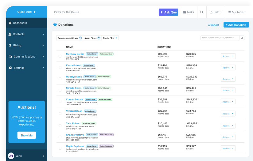 Donor management screen listing supporter records, donation totals, and activity within a nonprofit CRM.