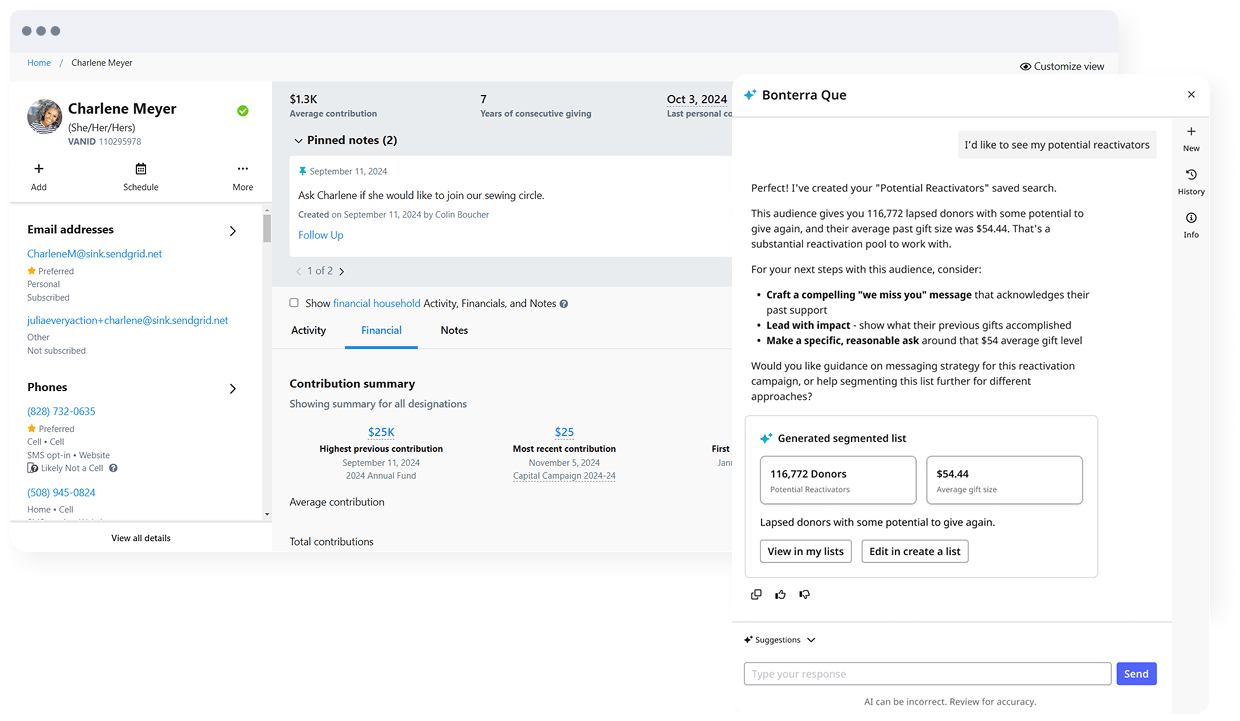 Donor profile page with contribution history and pinned notes alongside an AI assistant panel generating a filtered list of potential reactivation donors based on engagement and giving history.