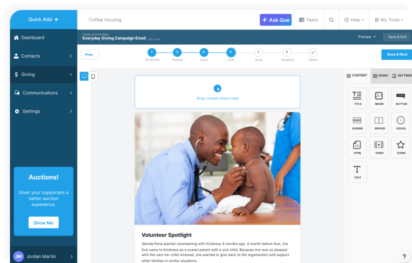 Email campaign builder interface showing layout steps and content blocks for creating a fundraising email.