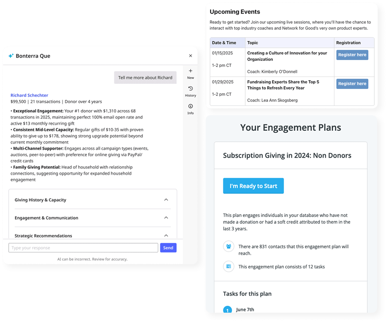 AI assistant highlighting a donor’s engagement insights, giving capacity, and strategic recommendations next to panels showing upcoming training events and a guided engagement plan with actionable tasks.