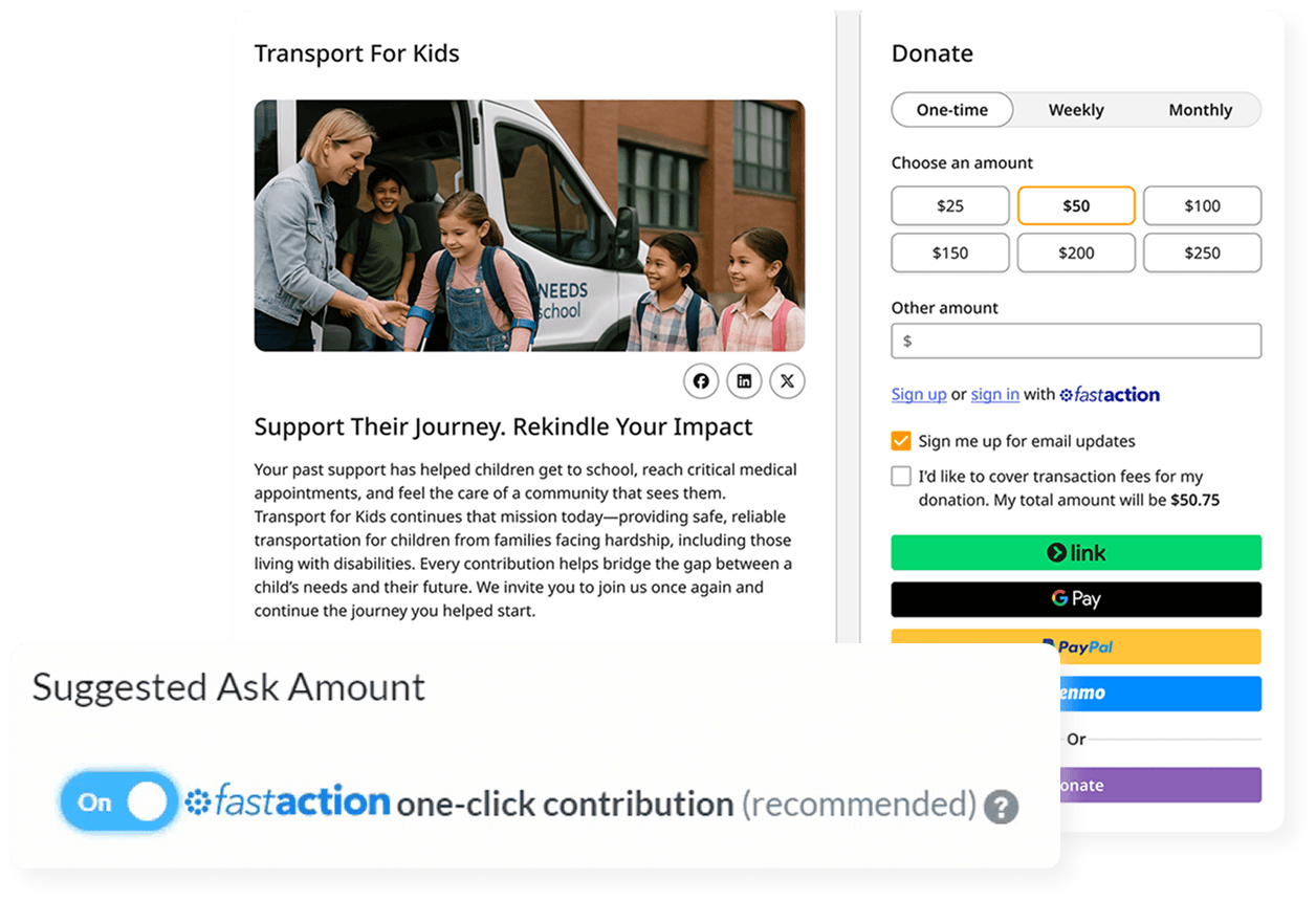 Online donation page featuring suggested gift amounts, recurring giving options, express checkout methods (Link, Google Pay, PayPal, Venmo), and one-click FastAction contribution toggle.
