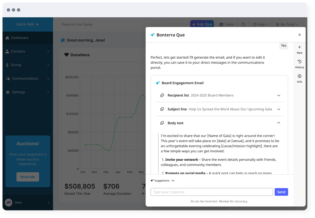 Dashboard view with fundraising performance chart and an AI assistant generating a board engagement email draft, including recipient list, subject line, and editable body content.