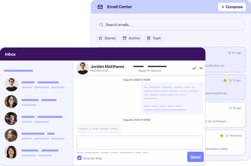 Email center interface with inbox list, message preview, and an open email conversation showing sender details, timestamps, reply field, and send button for managing donor communications.