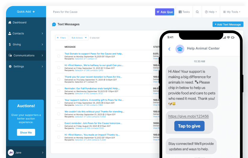 Text messaging dashboard showing delivery rates alongside a mobile preview of a donor text message with a giving link.