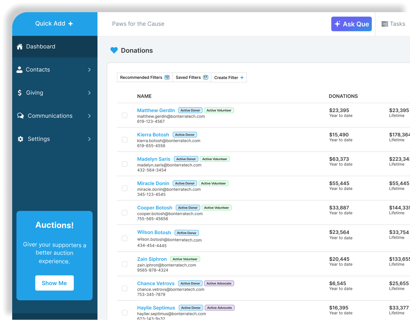 Donations dashboard showing a list of supporters with contact details, donor and volunteer status tags, year-to-date and lifetime giving totals, recommended filters, and navigation menu options.