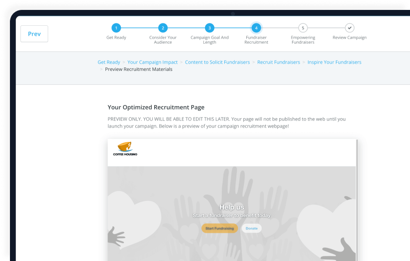 Peer-to-peer fundraising campaign preview showing an optimized recruitment page for supporters.