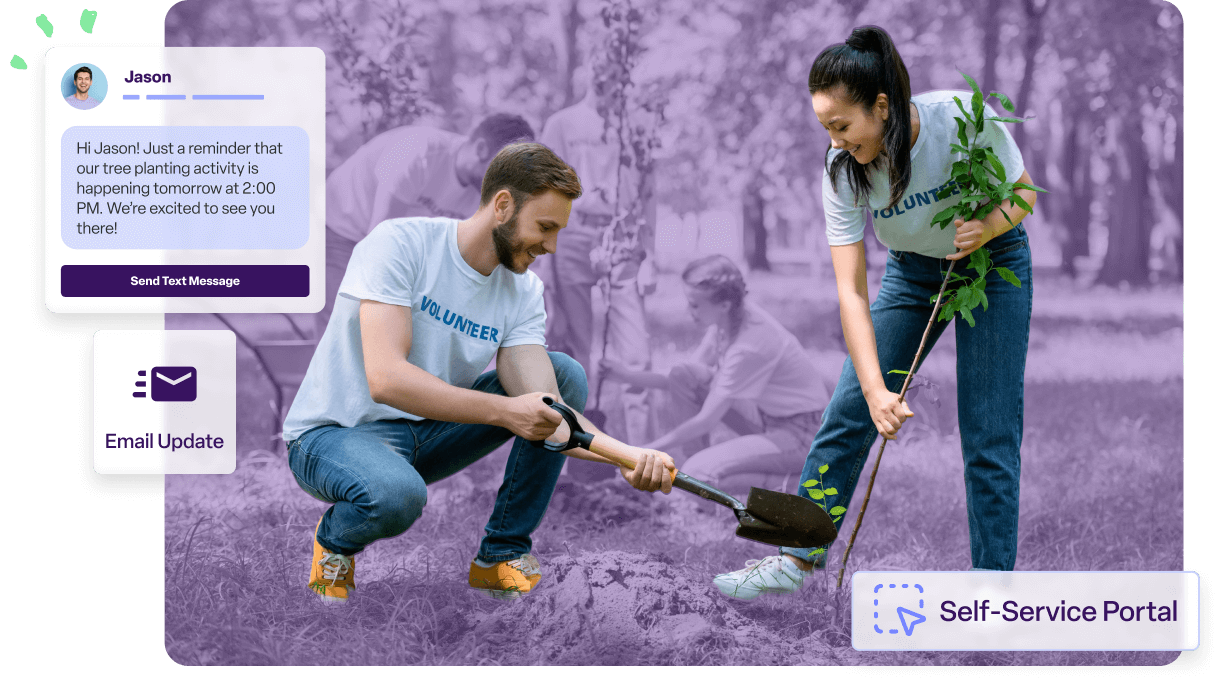 Volunteers plant trees while interface overlays show text reminders, email updates, and a self-service portal for supporter communication.
