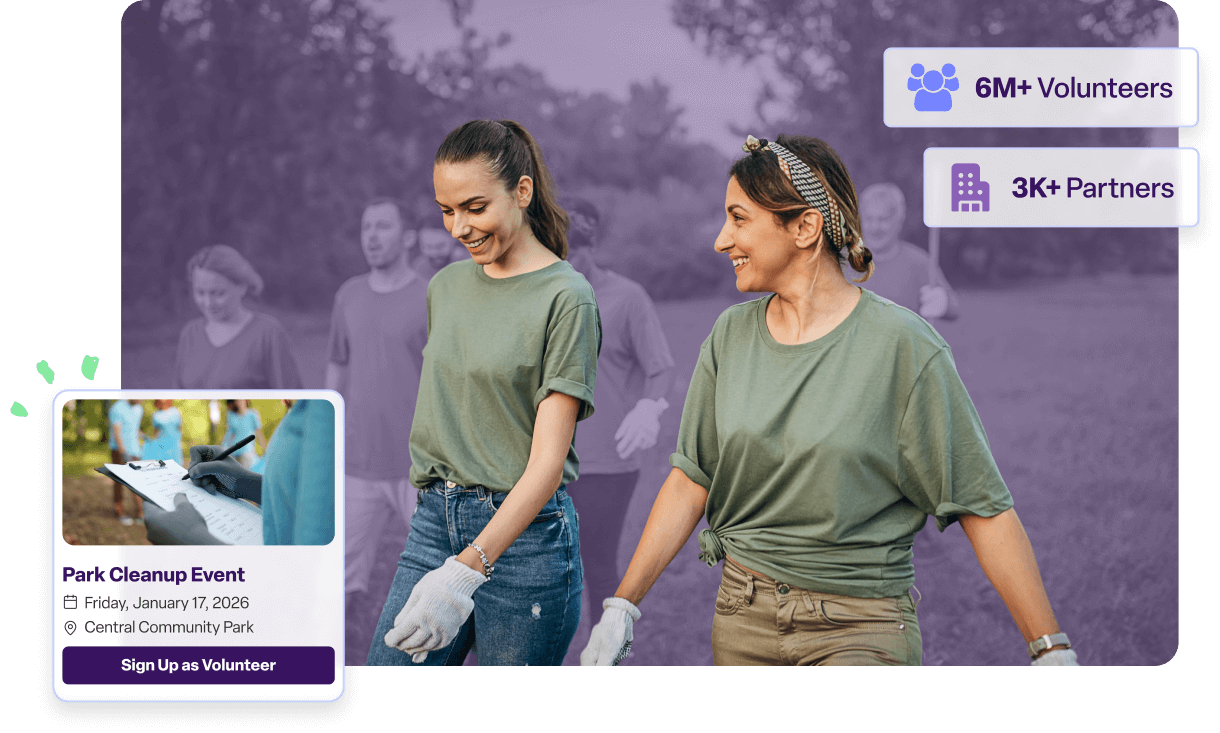 Volunteers walk together during a community cleanup event, with on-screen graphics highlighting volunteer reach, partners, and a signup opportunity.