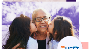 A picture of a grandmother being kissed on the cheeks by her granddaughters